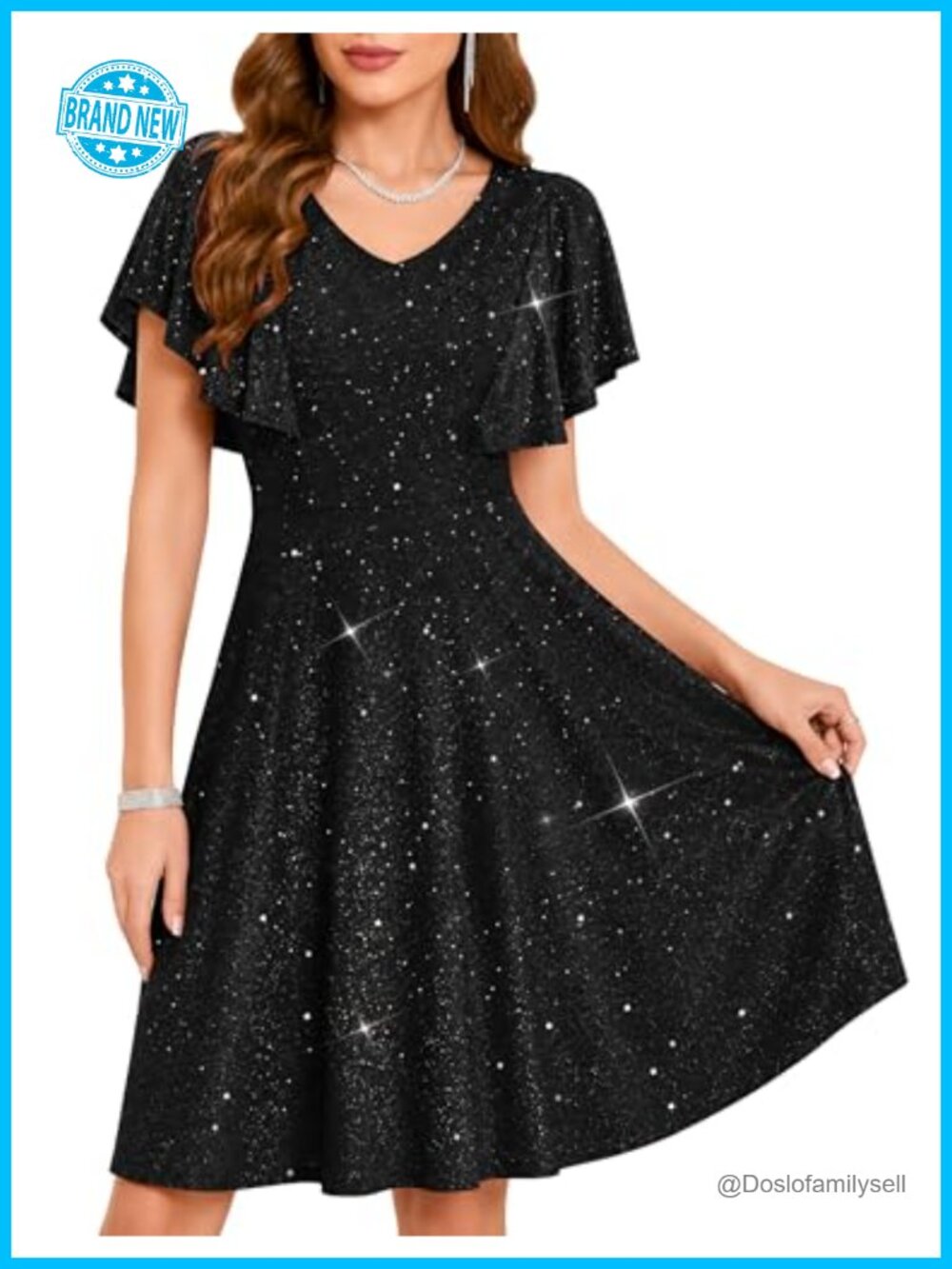 Formal Cocktail Midi Dress Ruffle Sleeve Fit Flare Wedding Guest Party